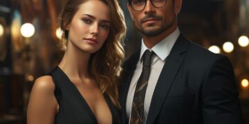 Elegant couple in black formal attire at dimly lit venue