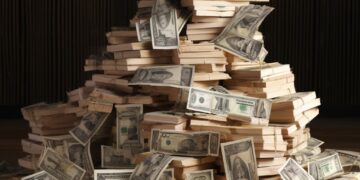 Large pile of stacked US dollar bills on wooden table