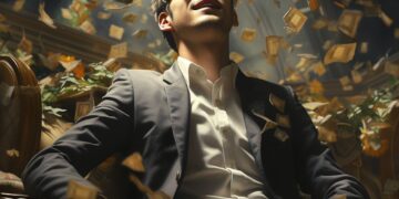 Man with glasses in suit leaning back as money rains down around him