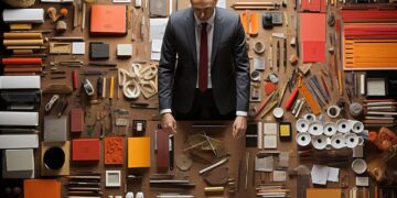 Overhead flat lay of man in suit surrounded by organized office supplies
