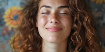 Freckled woman with curly hair smiling with eyes closed, floral background