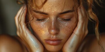 Young woman with freckles and closed eyes, sweat on her face