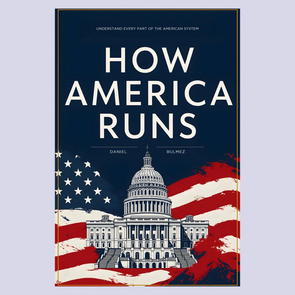 Book cover with U.S. Capitol building and American flag on navy background by Daniel Bulmez