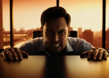 Man containing frustration at desk - anger style personality quiz