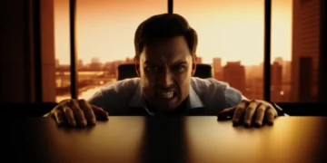 Man containing frustration at desk - anger style personality quiz