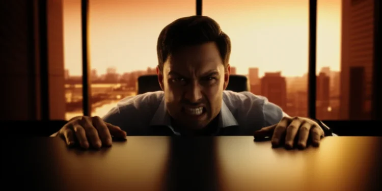 Man containing frustration at desk - anger style personality quiz