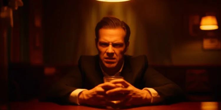 Man gripping glass at bar with tense expression