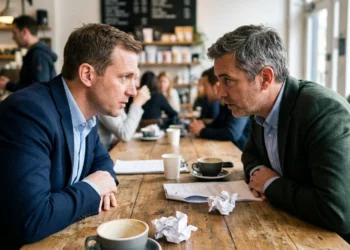 Two professionals having an earnest conversation at a coffee shop — communication in relationships