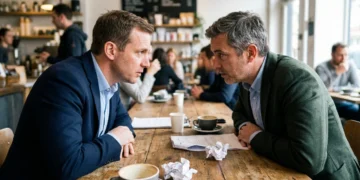 Two professionals having an earnest conversation at a coffee shop — communication in relationships