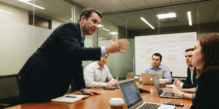 CEO speaking at corporate meeting