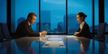 Two professionals in tense negotiation across conference table