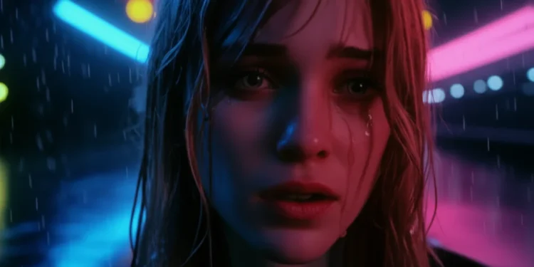 Woman standing in rain on city sidewalk at night with tears