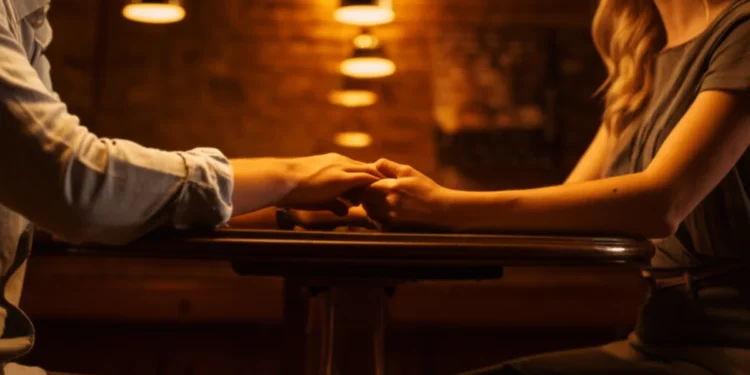 A man and woman sharing a moment of empathy and connection in a cafe