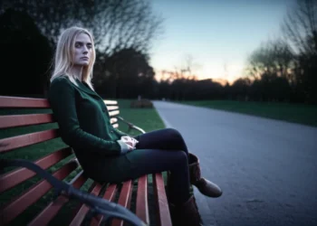 Woman sitting alone on park bench at dusk with hollow expression