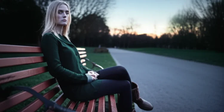 Woman sitting alone on park bench at dusk with hollow expression