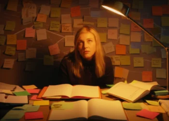 Woman at cluttered desk late at night surrounded by notes