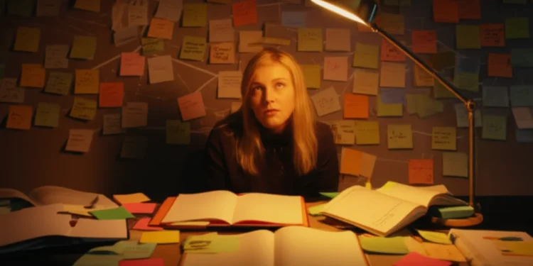 Woman at cluttered desk late at night surrounded by notes