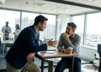 Two business professionals in engaged conversation in modern office — persuasion techniques in leadership