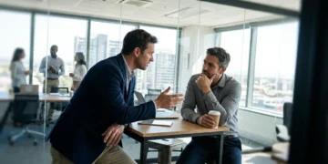 Two business professionals in engaged conversation in modern office — persuasion techniques in leadership