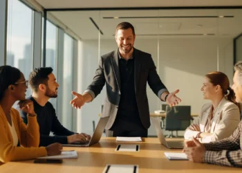 Team communication skills - manager leading team meeting