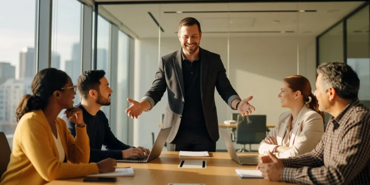 Team communication skills - manager leading team meeting