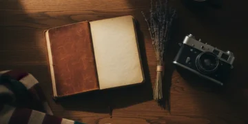 Aesthetic lifestyle items arranged on dark oak surface with warm amber lighting