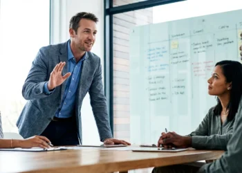 Professional demonstrating assertive communication in a business meeting