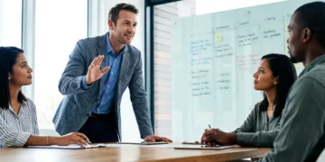 Professional demonstrating assertive communication in a business meeting