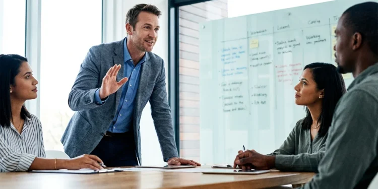 Professional demonstrating assertive communication in a business meeting