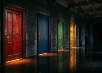 Four colored doors in a corridor — career personality test