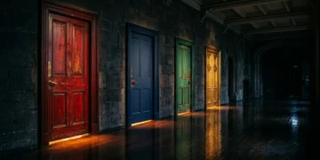 Four colored doors in a corridor — career personality test