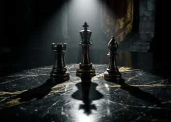 Three dark chess pieces in triangle formation — dark triad quiz