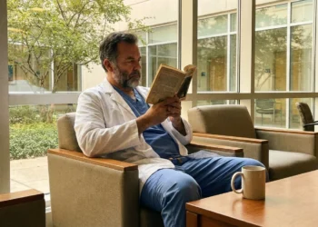 Doctor reading an inspirational book in a bright clinic break room