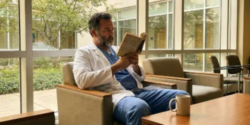 Doctor reading an inspirational book in a bright clinic break room