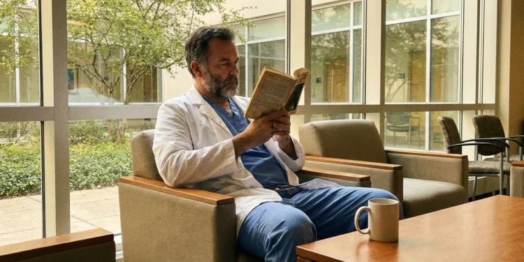Doctor reading an inspirational book in a bright clinic break room
