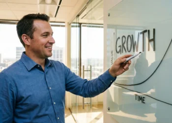 Professional man pointing at growth chart on glass whiteboard in modern office