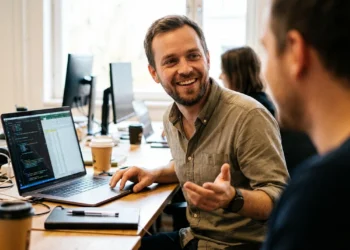 Professional balancing hard skills and soft skills at work — laptop with data and colleague conversation