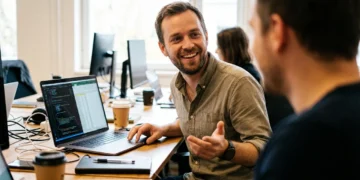 Professional balancing hard skills and soft skills at work — laptop with data and colleague conversation