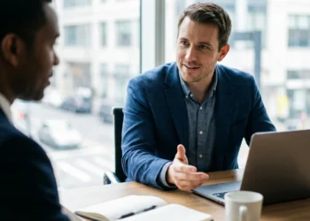 Two professionals negotiating salary at a desk in an office setting