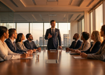 A confident leader addressing his team in a modern boardroom at sunset