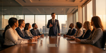 A confident leader addressing his team in a modern boardroom at sunset