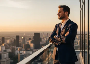 Man overlooking city skyline at sunset - master mindset quiz