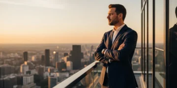 Man overlooking city skyline at sunset - master mindset quiz
