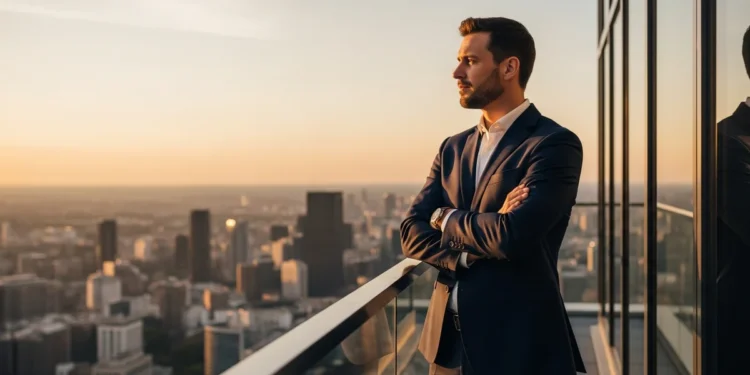 Man overlooking city skyline at sunset - master mindset quiz