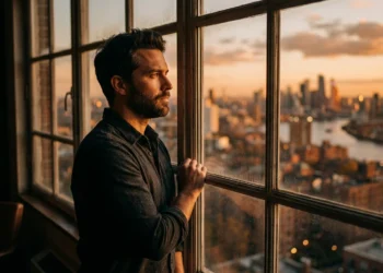 Man standing at a window at golden hour, contemplative and determined — motivational quotes about life