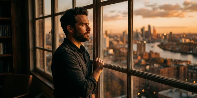 Man standing at a window at golden hour, contemplative and determined — motivational quotes about life