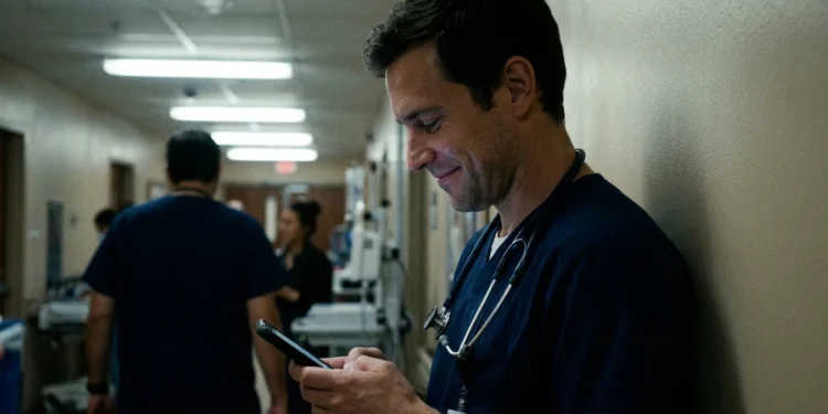 Doctor in scrubs taking a moment of reflection in a hospital hallway