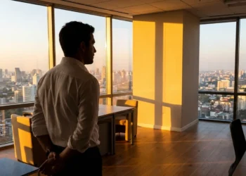 Man standing at office window at golden hour, contemplating motivational quotes for work