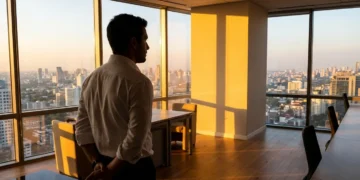 Man standing at office window at golden hour, contemplating motivational quotes for work