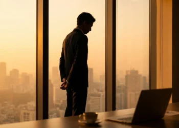 Man silhouetted against warm amber sunrise in contemplative pose — powerful motivational quotes